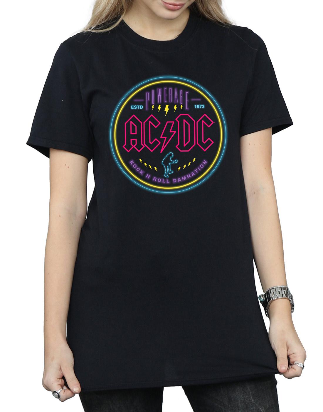 Black - Side - AC-DC Womens-Ladies Circle Neon Cotton Boyfriend T-Shirt