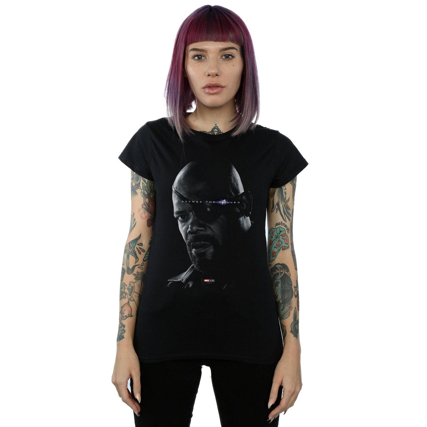 Black - Back - Marvel Womens-Ladies Avengers Endgame Avenge The Fallen Nick Fury Cotton T-Shirt