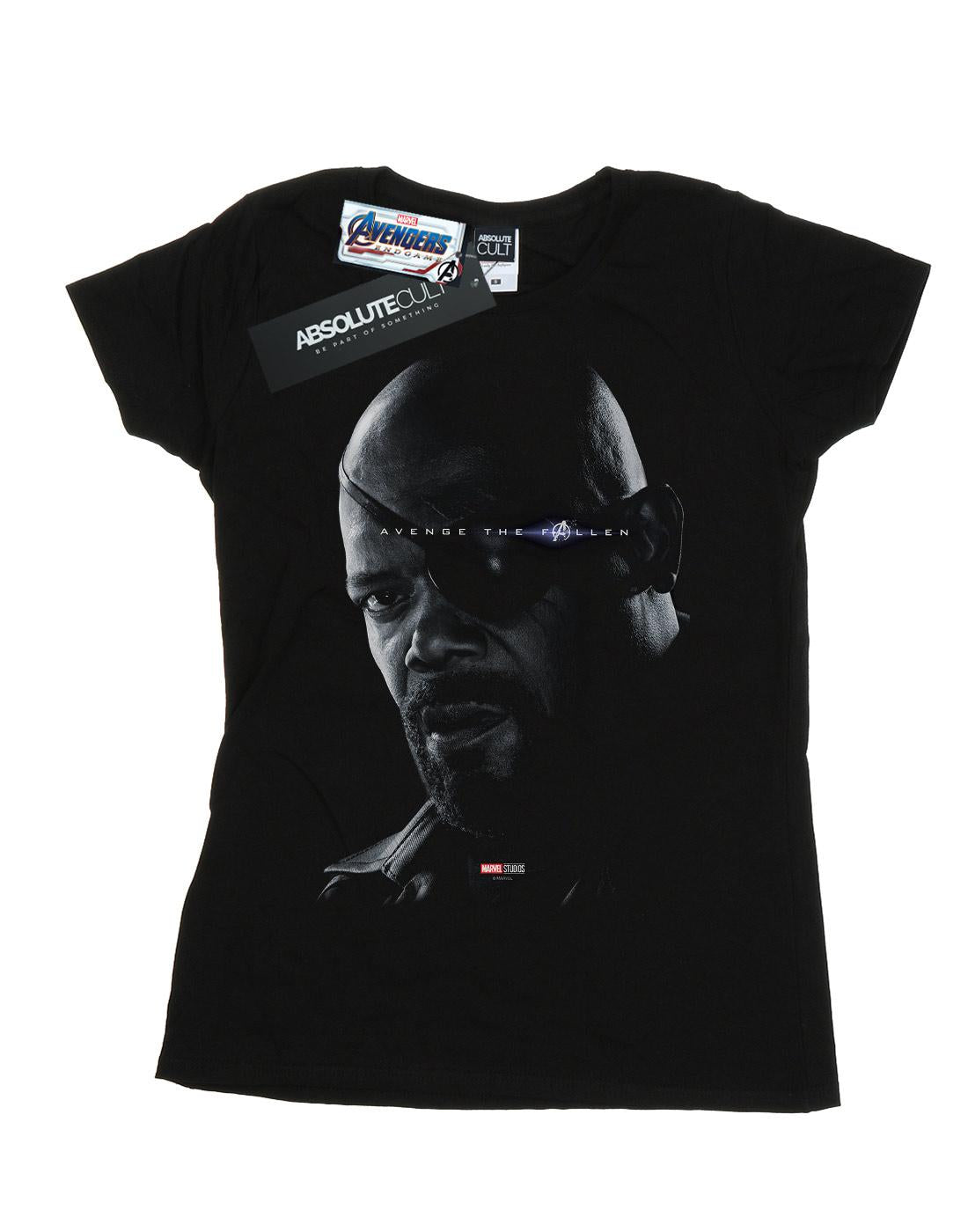 Black - Front - Marvel Womens-Ladies Avengers Endgame Avenge The Fallen Nick Fury Cotton T-Shirt