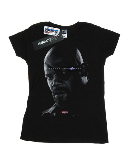 Black - Front - Marvel Womens-Ladies Avengers Endgame Avenge The Fallen Nick Fury Cotton T-Shirt