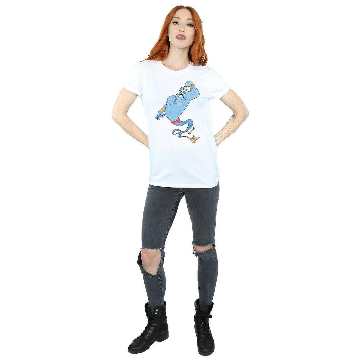White - Side - Aladdin Womens-Ladies Classic Genie Cotton Boyfriend T-Shirt