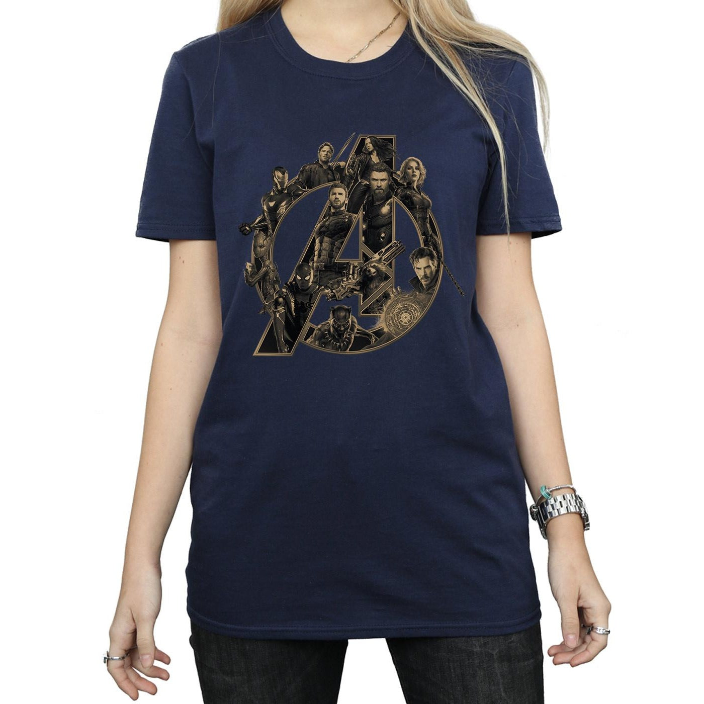 Navy Blue - Side - Avengers Infinity War Womens-Ladies Logo Cotton Boyfriend T-Shirt