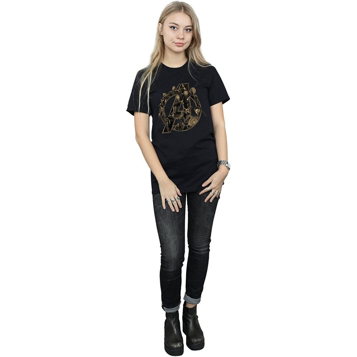 Black - Side - Avengers Infinity War Womens-Ladies Logo Cotton Boyfriend T-Shirt