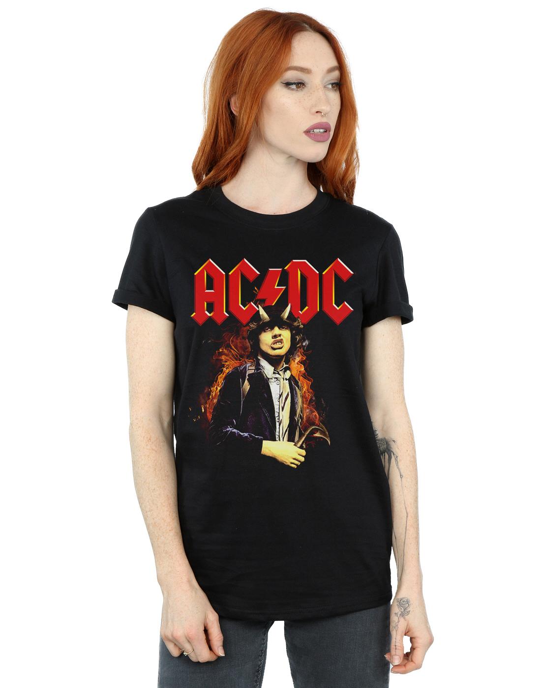 Black - Back - AC-DC Womens-Ladies Angus Highway To Hell Cotton Boyfriend T-Shirt