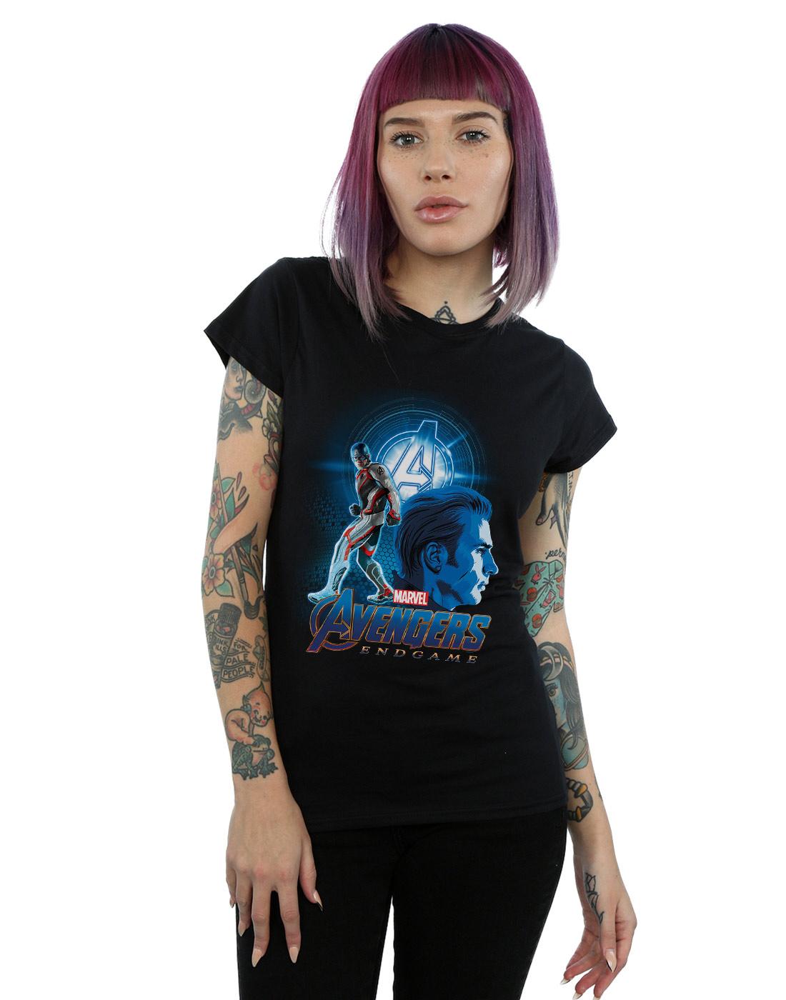Black - Back - Marvel Womens-Ladies Avengers Endgame Captain America Team Suit Cotton T-Shirt