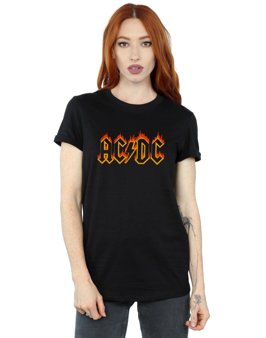 Black - Back - AC-DC Womens-Ladies Flames Logo Cotton Boyfriend T-Shirt