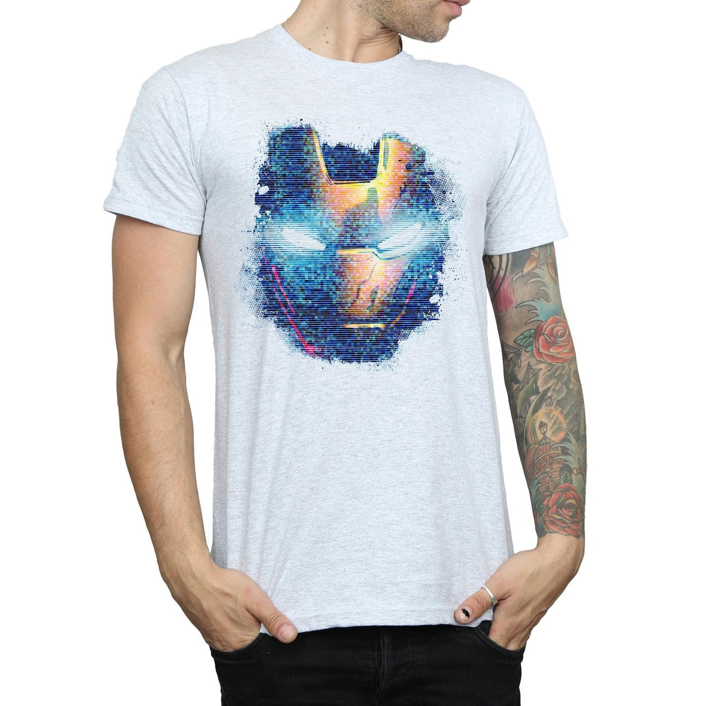 Sports Grey - Side - Marvel Mens Iron Man Distressed Head T-Shirt