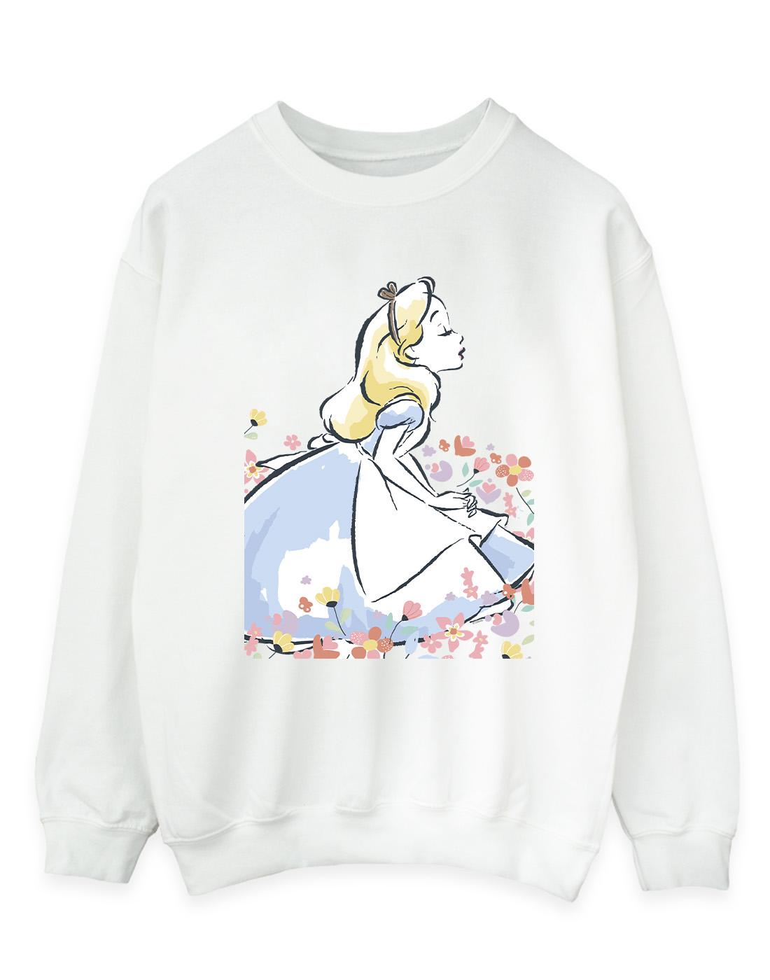 White - Front - Disney Womens-Ladies Alice In Wonderland Sketch Flowers Sweatshirt