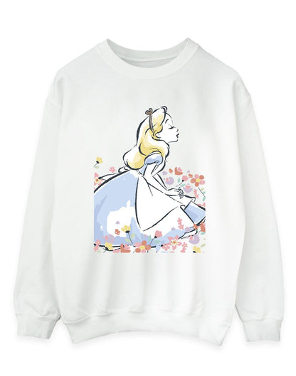 White - Front - Disney Womens-Ladies Alice In Wonderland Sketch Flowers Sweatshirt