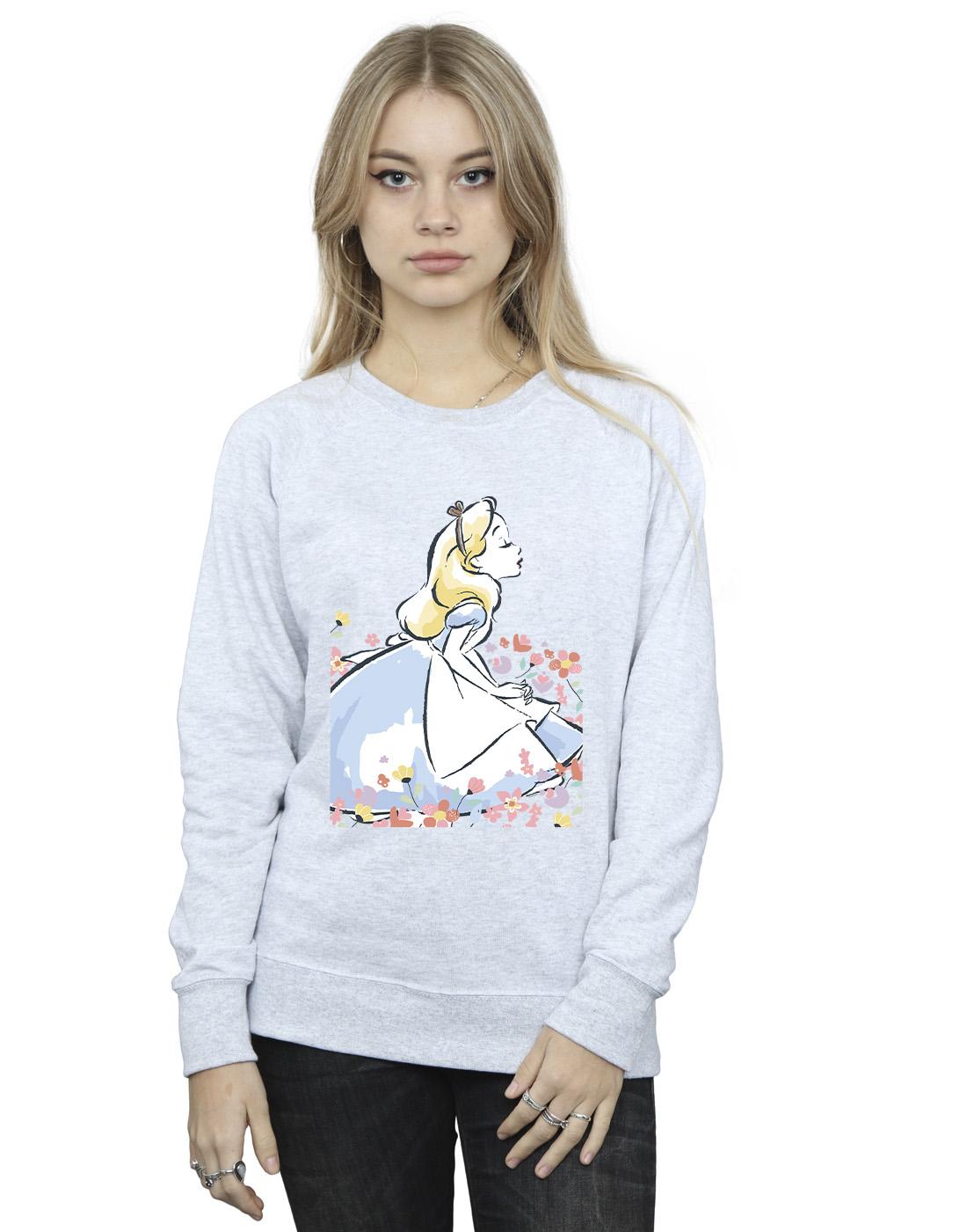 Sports Grey - Back - Disney Womens-Ladies Alice In Wonderland Sketch Flowers Sweatshirt