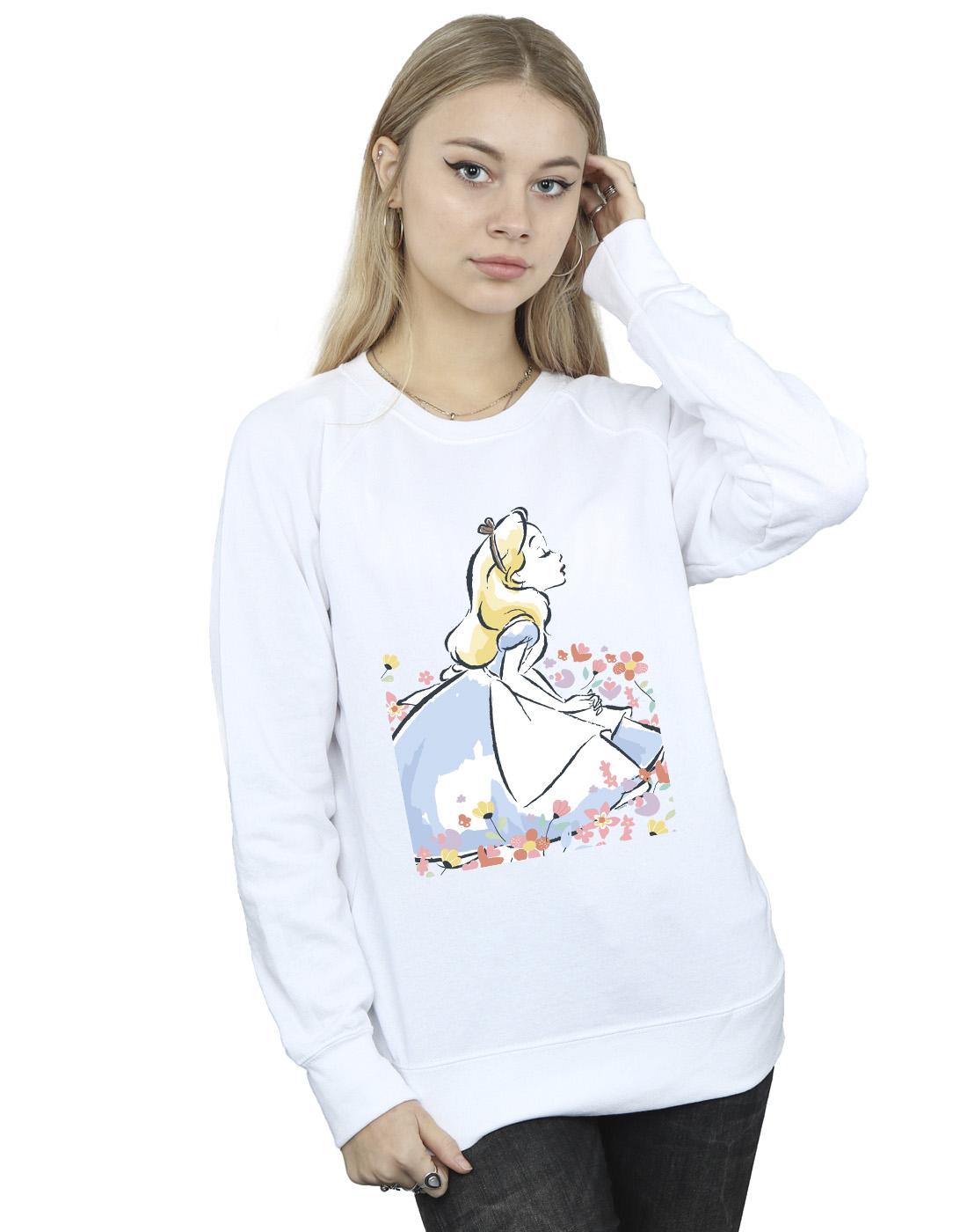 White - Back - Disney Womens-Ladies Alice In Wonderland Sketch Flowers Sweatshirt