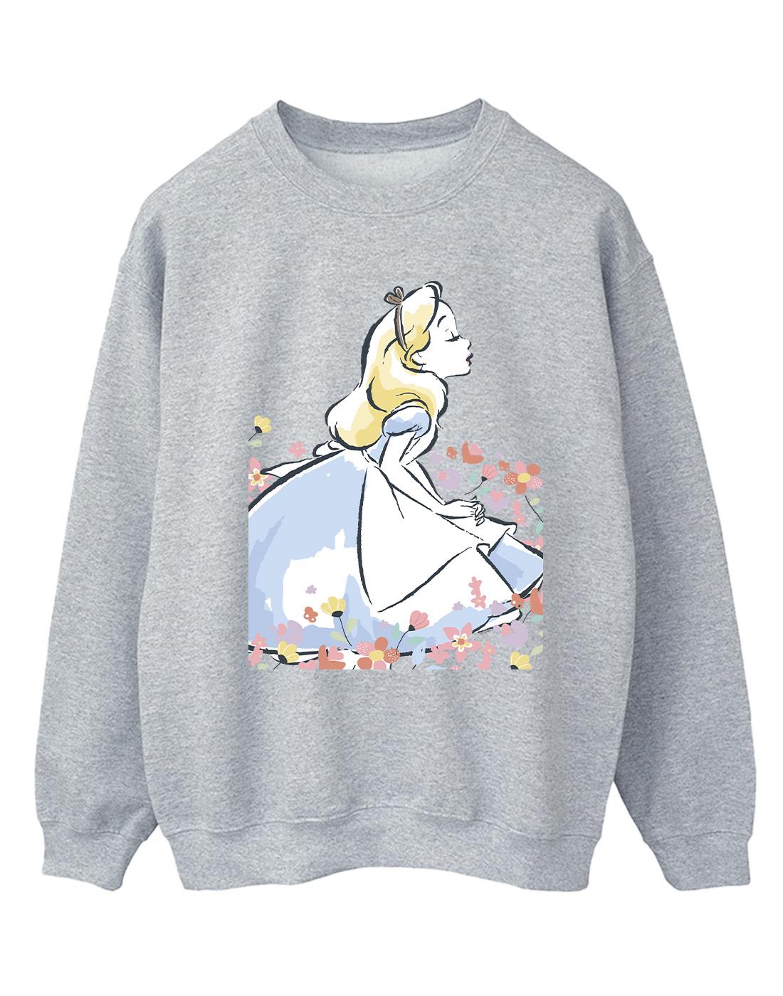 Sports Grey - Front - Disney Womens-Ladies Alice In Wonderland Sketch Flowers Sweatshirt