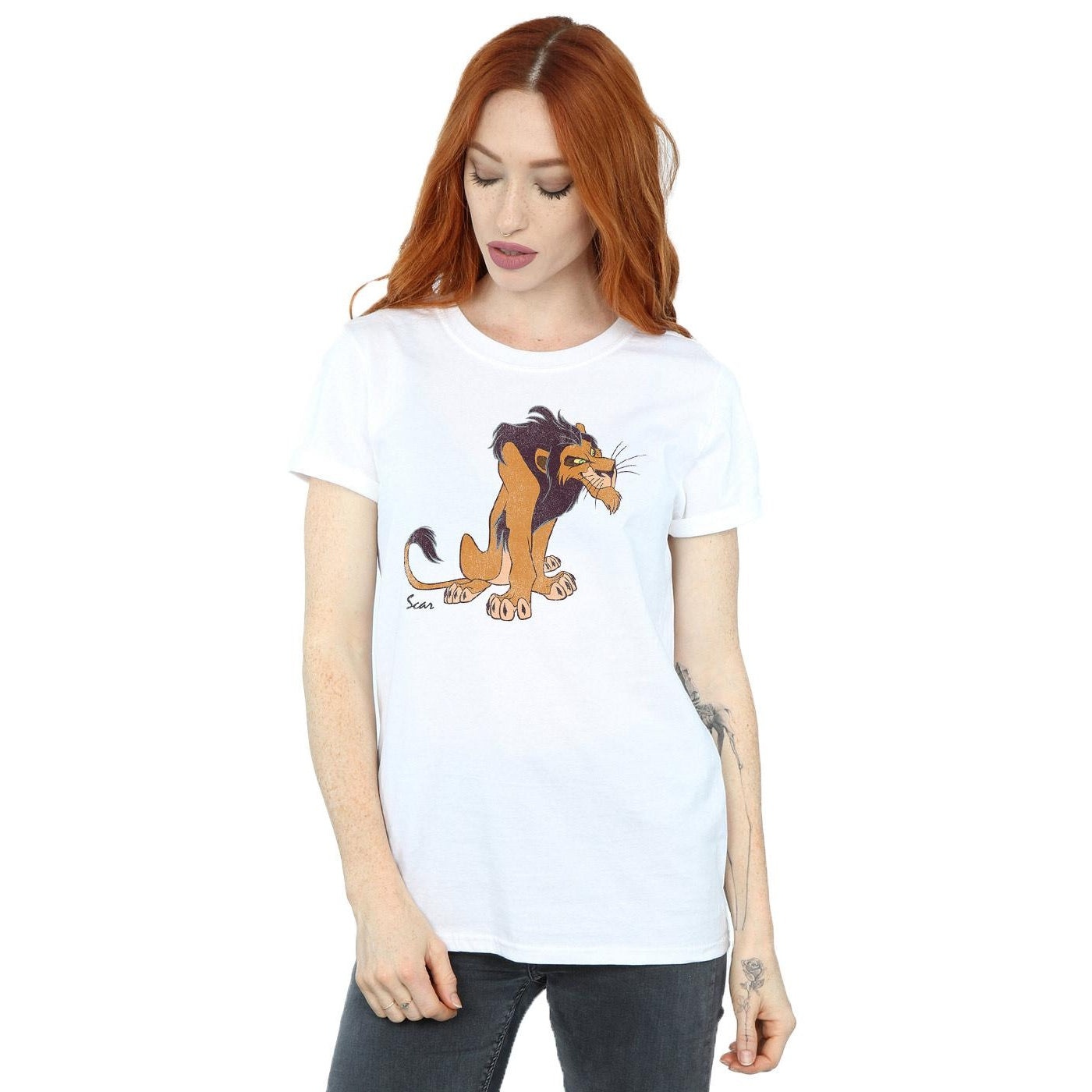 White - Back - The Lion King Womens-Ladies Classic Scar Cotton Boyfriend T-Shirt