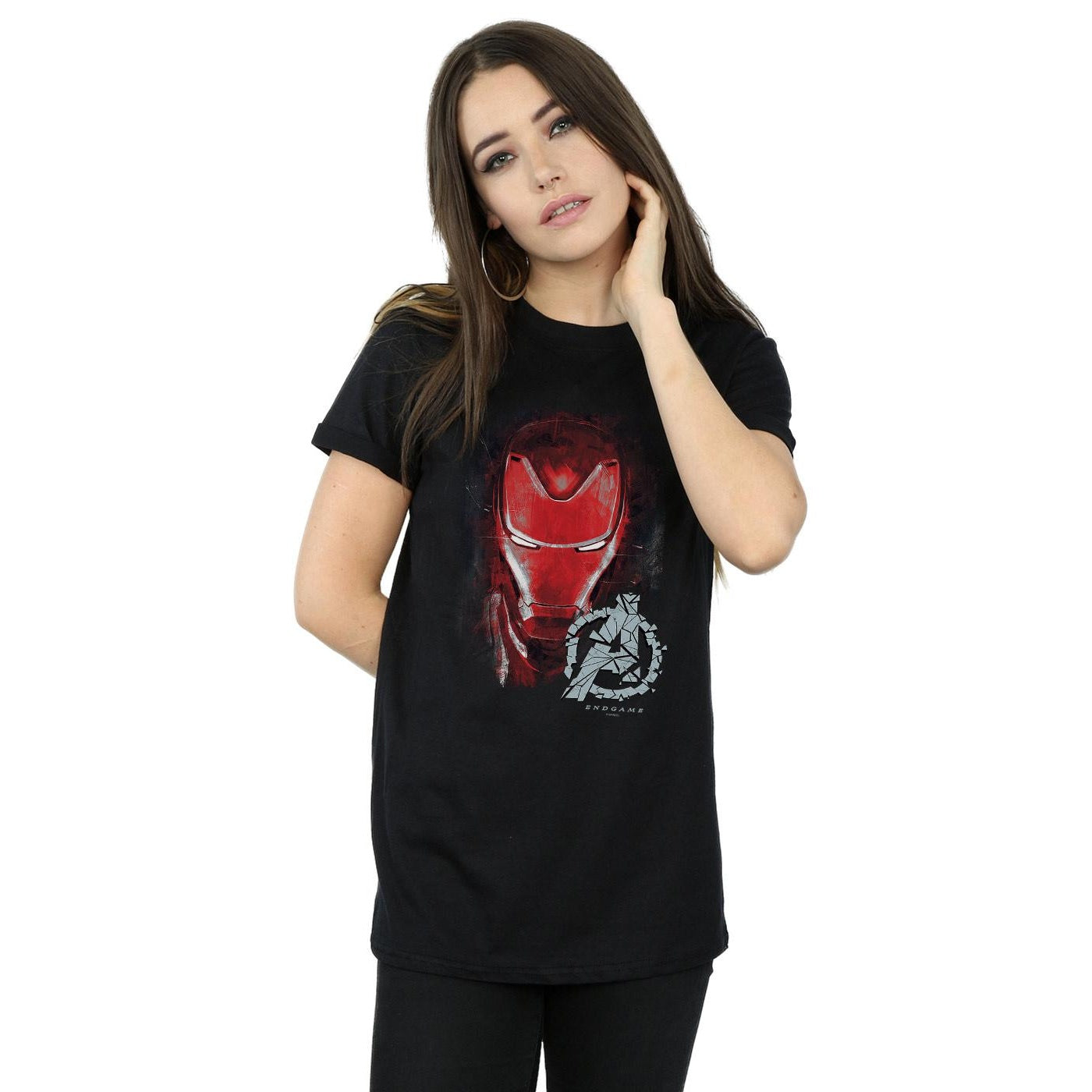 Black - Back - Marvel Womens-Ladies Avengers Endgame Iron Man Brushed Cotton Boyfriend T-Shirt