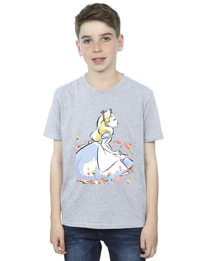 Sports Grey - Back - Disney Boys Alice In Wonderland Sketch Flowers T-Shirt