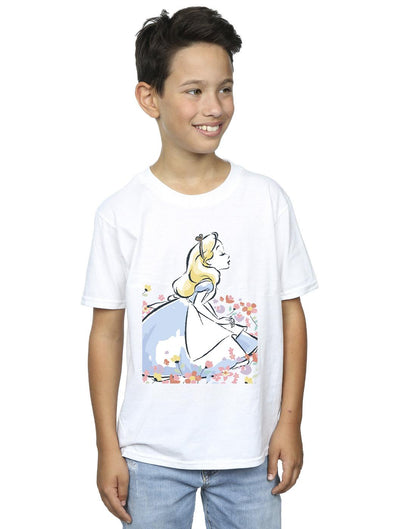 White - Back - Disney Boys Alice In Wonderland Sketch Flowers T-Shirt