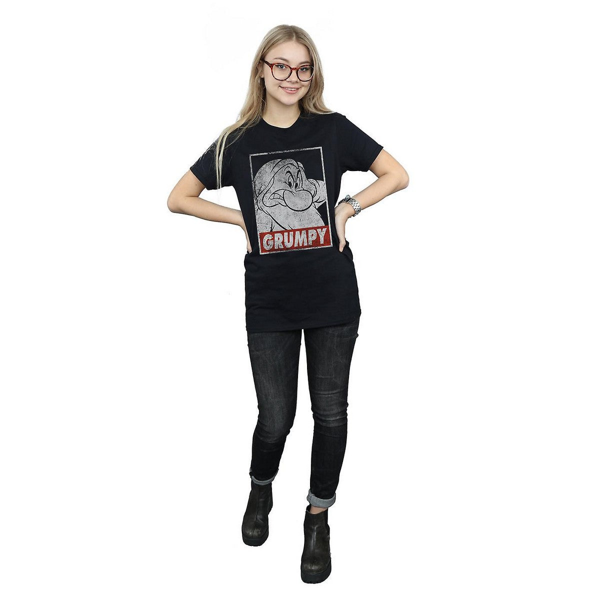 Black - Side - Snow White And The Seven Dwarfs Womens-Ladies Grumpy Poster Cotton Boyfriend T-Shirt