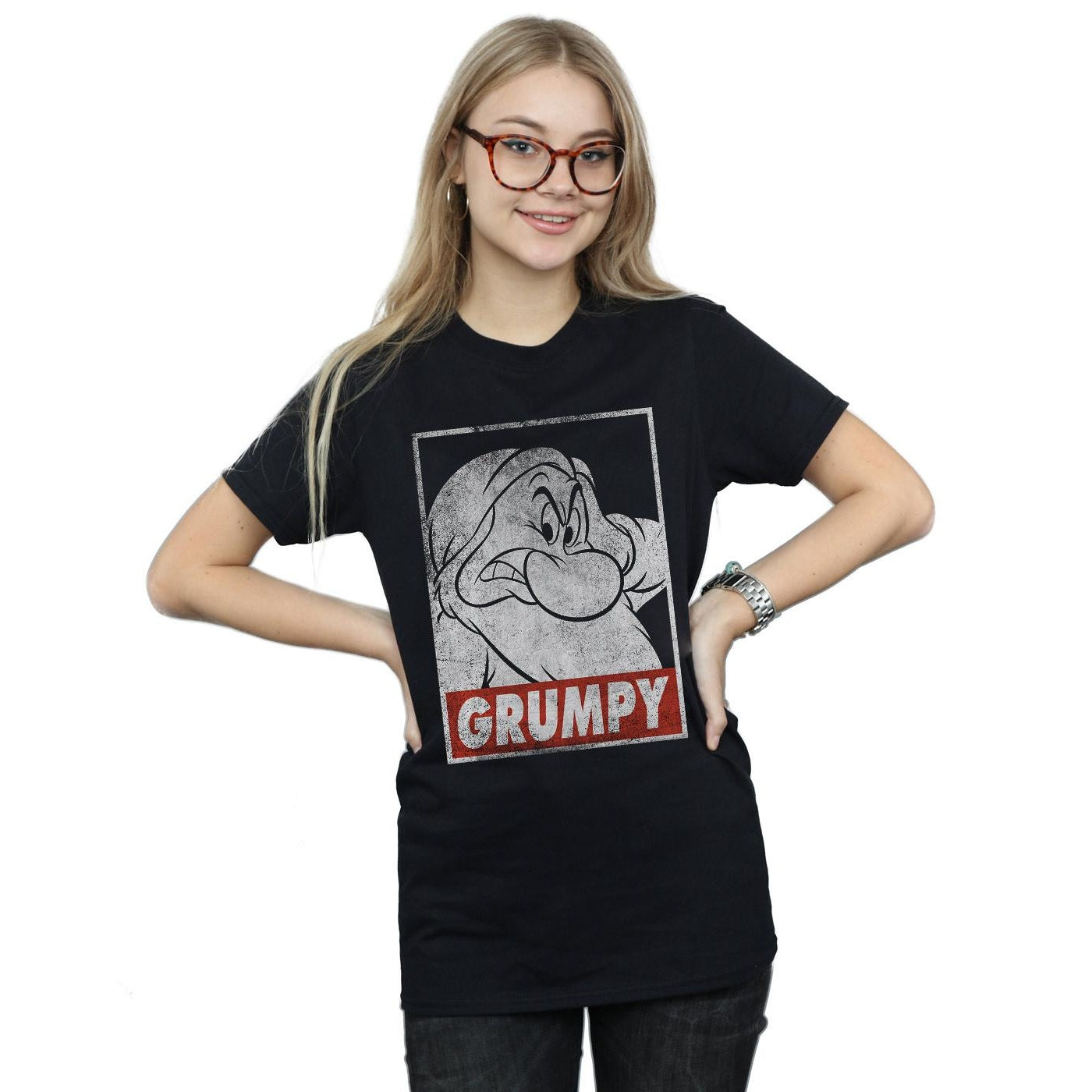Black - Lifestyle - Snow White And The Seven Dwarfs Womens-Ladies Grumpy Poster Cotton Boyfriend T-Shirt