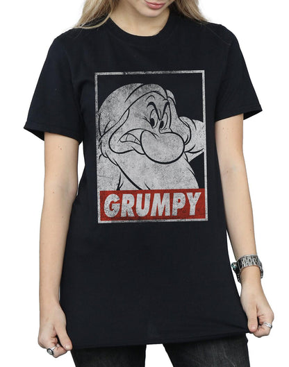 Black - Pack Shot - Snow White And The Seven Dwarfs Womens-Ladies Grumpy Poster Cotton Boyfriend T-Shirt