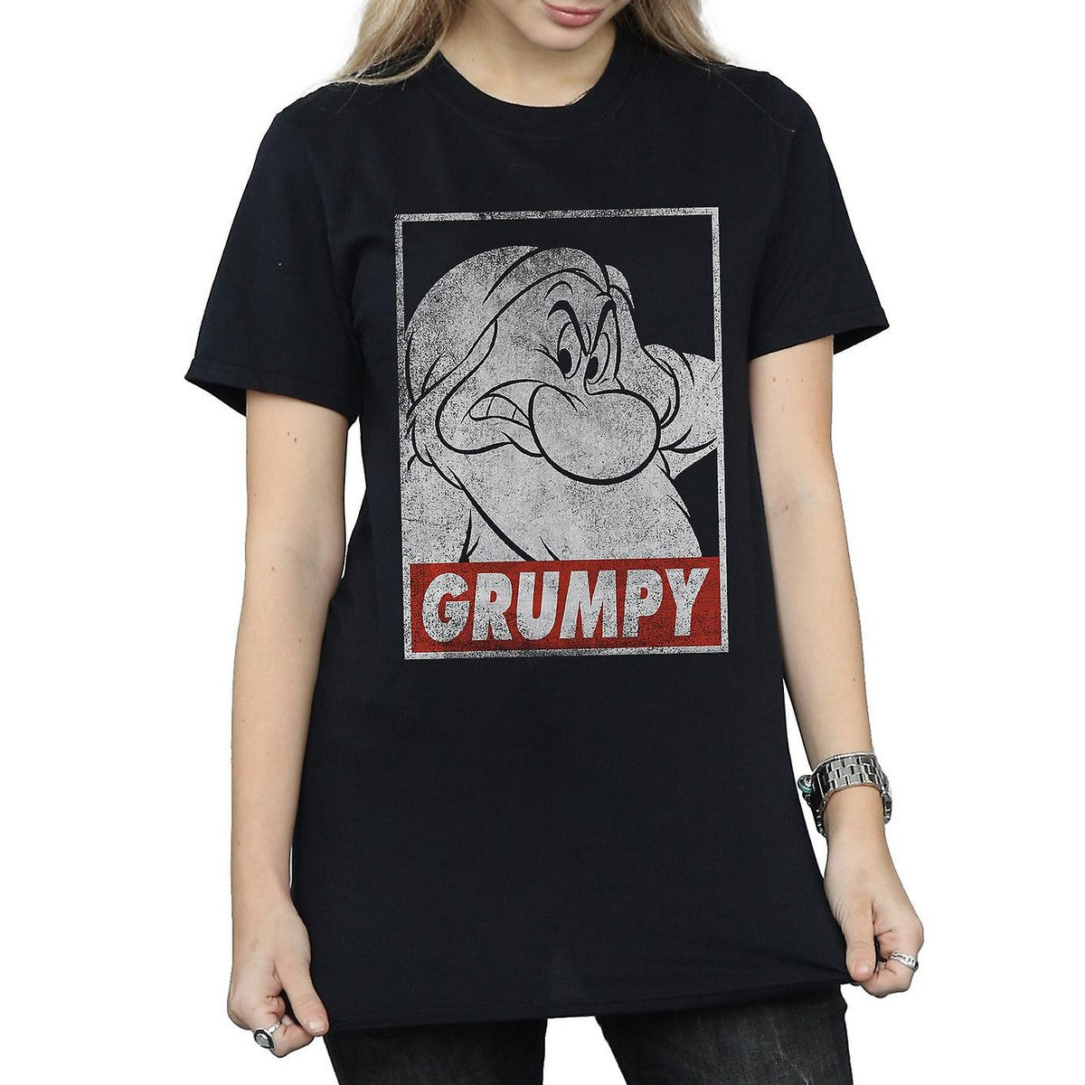 Black - Front - Snow White And The Seven Dwarfs Womens-Ladies Grumpy Poster Cotton Boyfriend T-Shirt