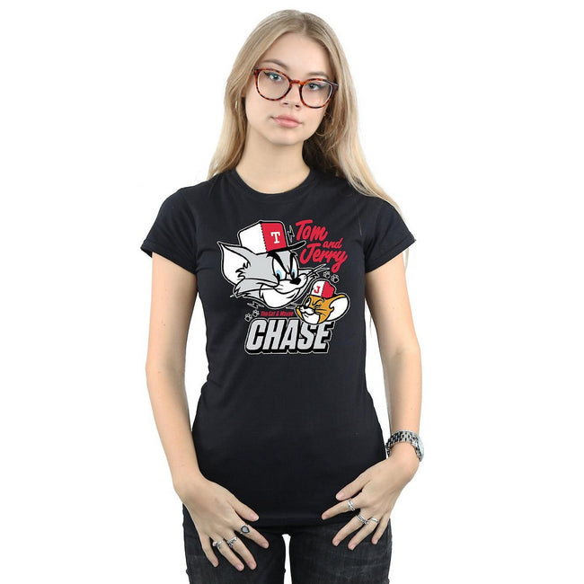 Black - Back - Tom and Jerry Womens-Ladies Cat & Mouse Chase Cotton T-Shirt