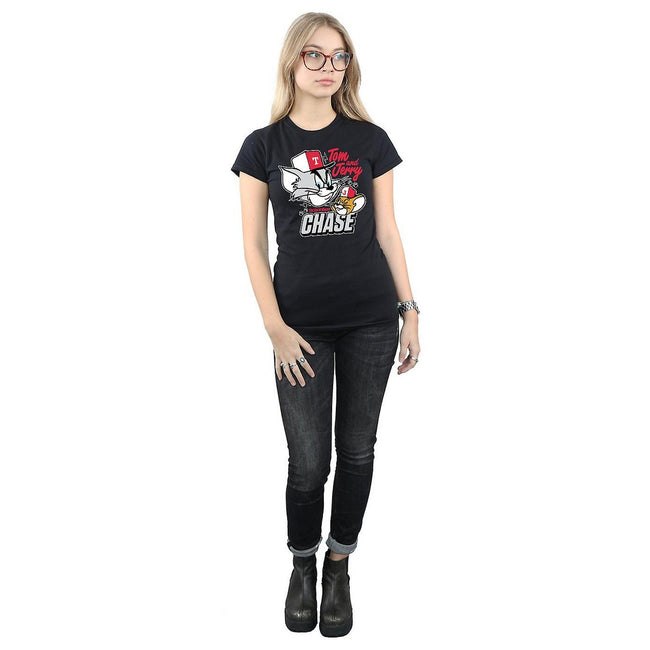 Black - Side - Tom and Jerry Womens-Ladies Cat & Mouse Chase Cotton T-Shirt