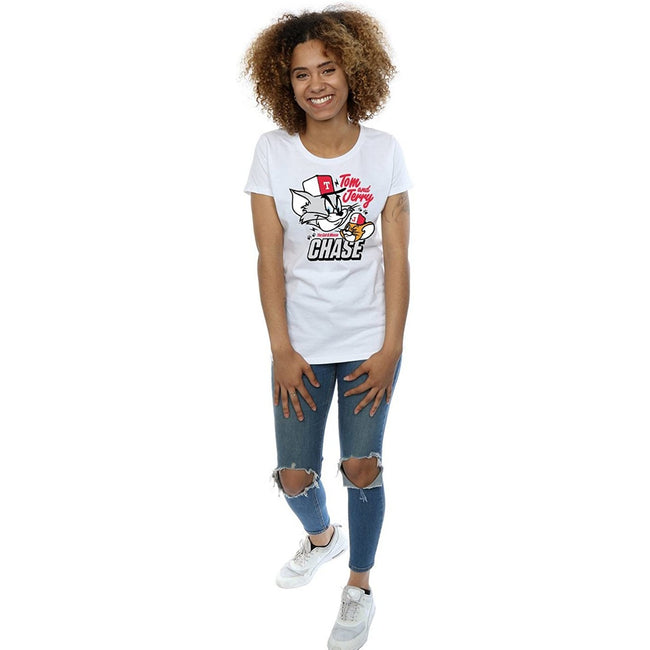White - Side - Tom and Jerry Womens-Ladies Cat & Mouse Chase Cotton T-Shirt