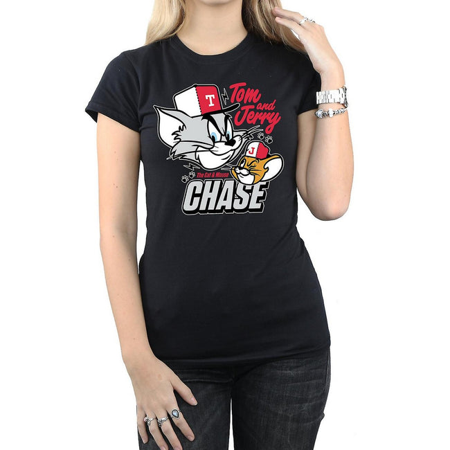 Black - Front - Tom and Jerry Womens-Ladies Cat & Mouse Chase Cotton T-Shirt