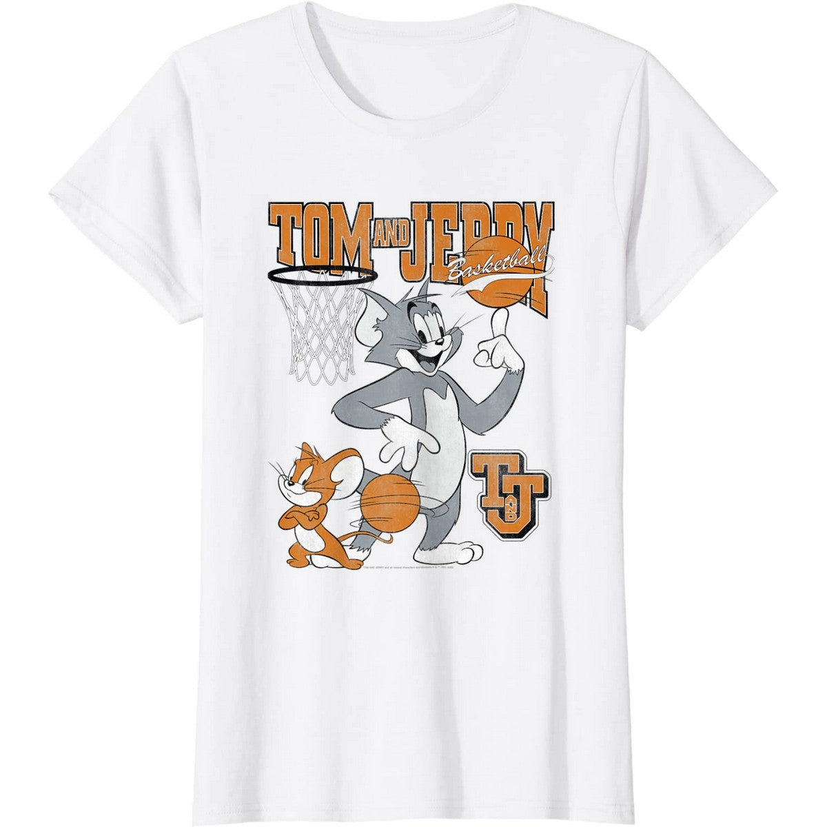 White - Front - Tom and Jerry Womens-Ladies Spinning Basketball Cotton T-Shirt