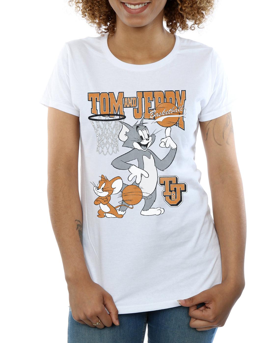White - Side - Tom and Jerry Womens-Ladies Spinning Basketball Cotton T-Shirt