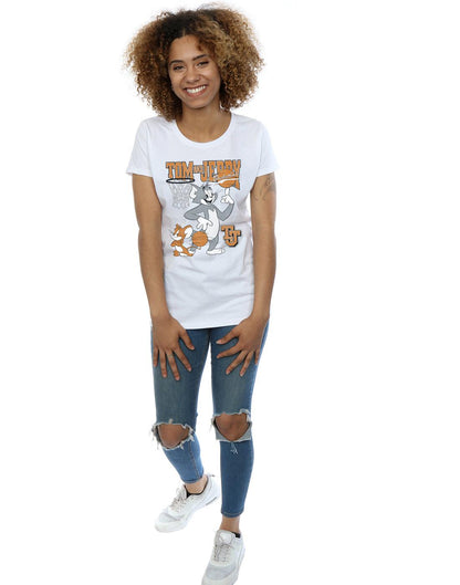 White - Lifestyle - Tom and Jerry Womens-Ladies Spinning Basketball Cotton T-Shirt