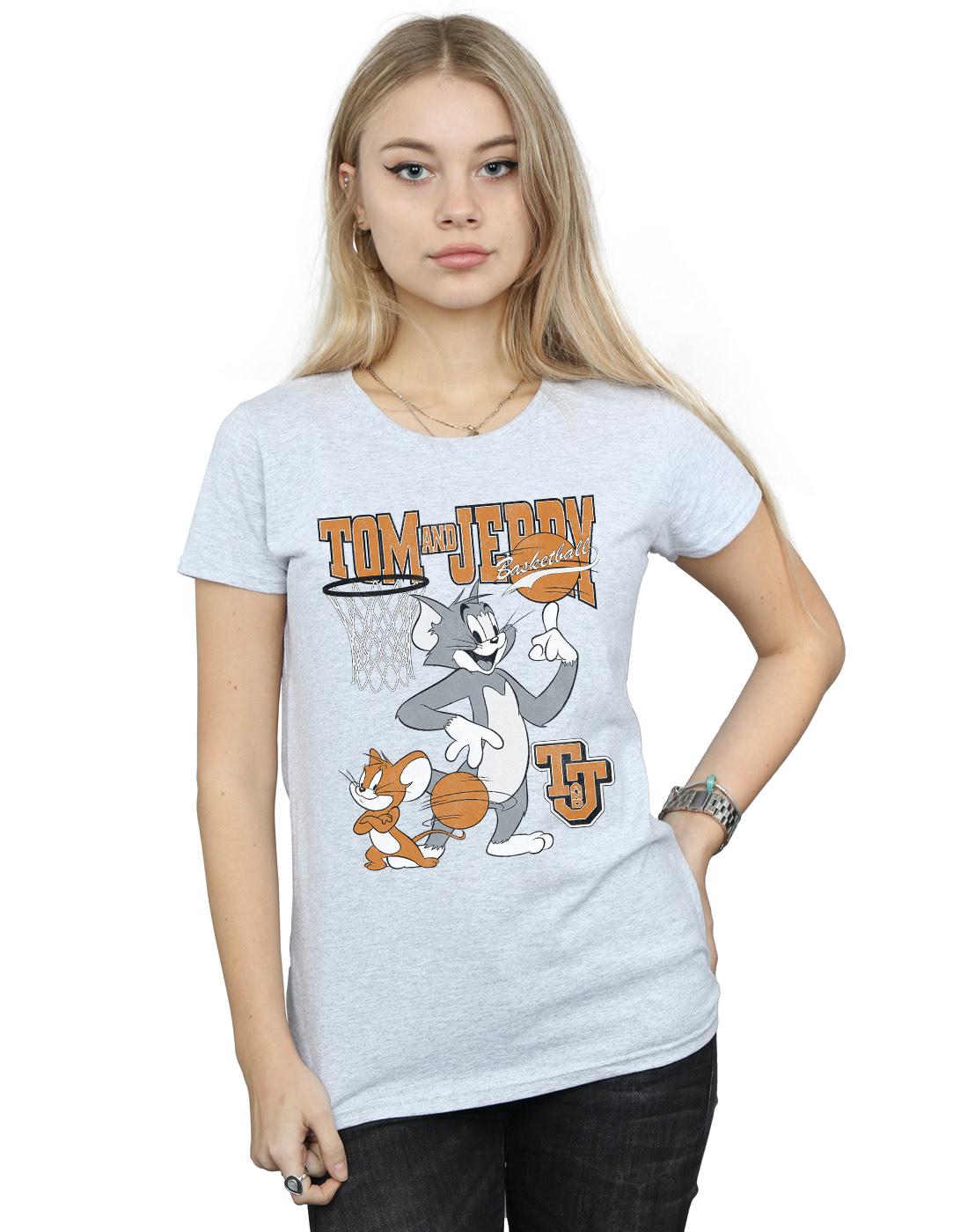 Sports Grey - Back - Tom and Jerry Womens-Ladies Spinning Basketball Cotton T-Shirt