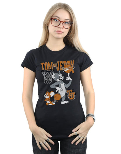 Black - Back - Tom and Jerry Womens-Ladies Spinning Basketball Cotton T-Shirt