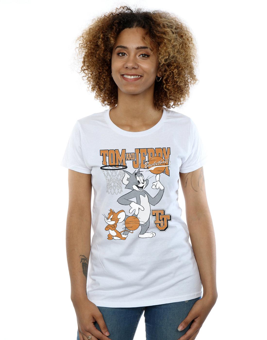 White - Back - Tom and Jerry Womens-Ladies Spinning Basketball Cotton T-Shirt