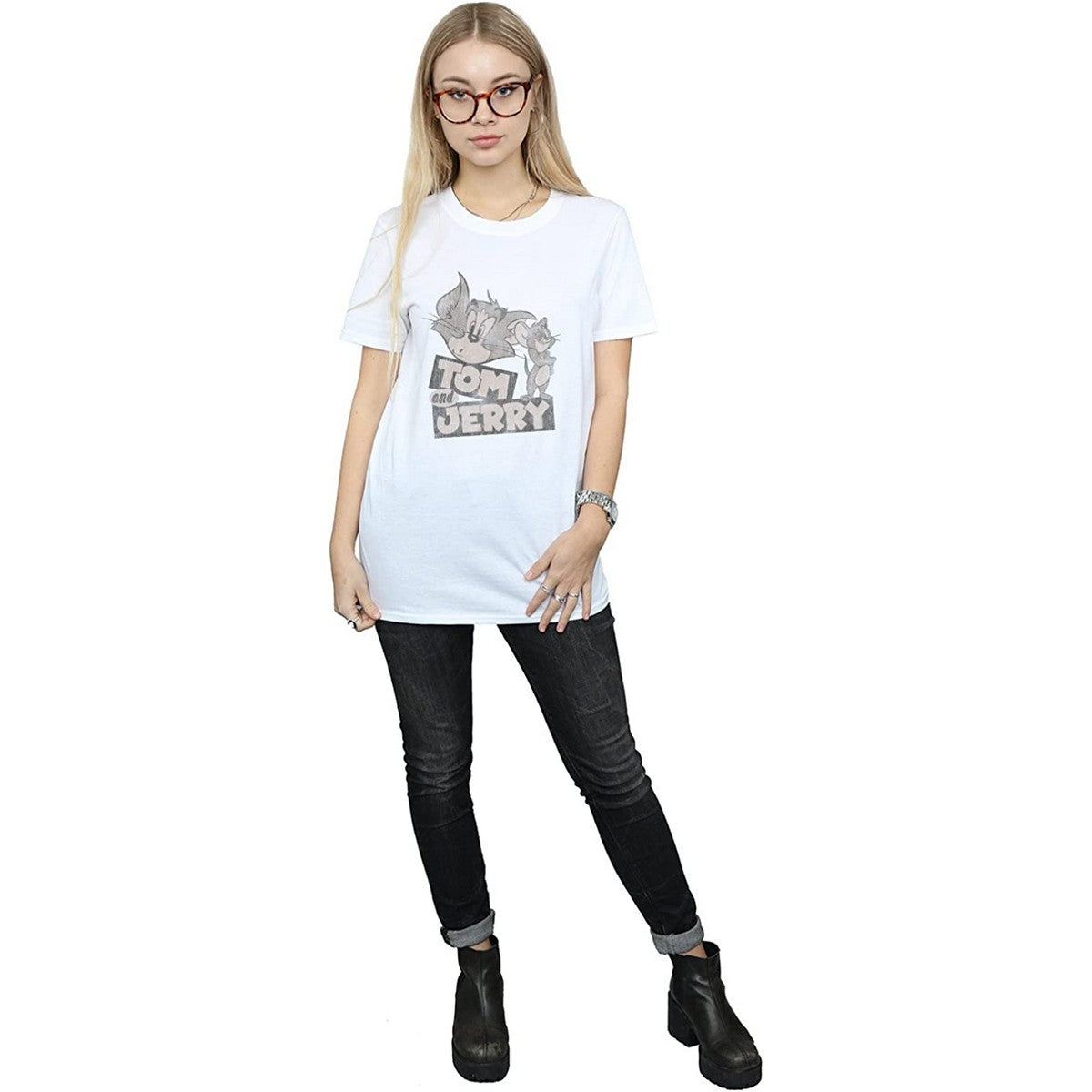 White - Side - Tom and Jerry Womens-Ladies Wink Cotton T-Shirt