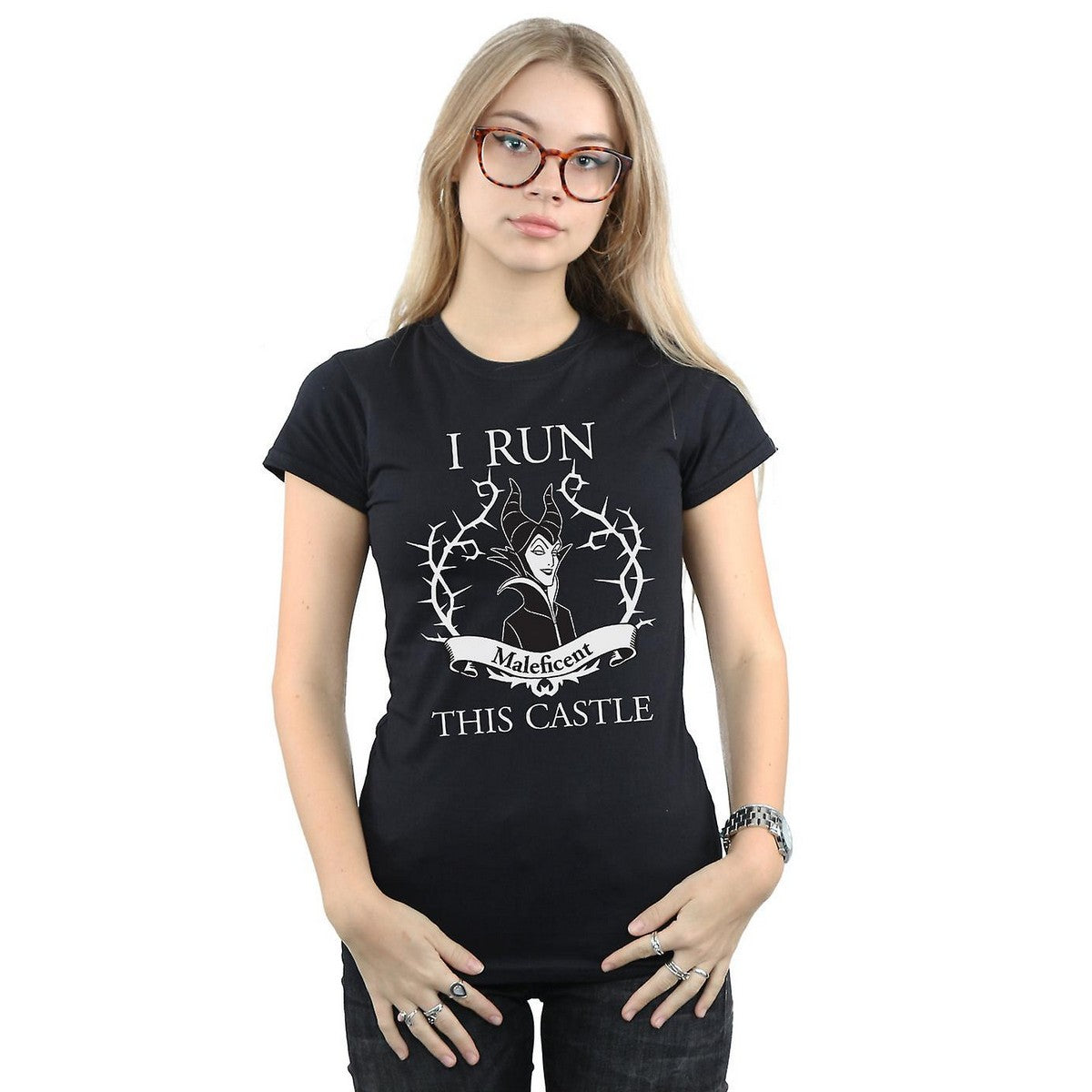 Black - Back - Maleficent Womens-Ladies I Run This Castle Cotton T-Shirt