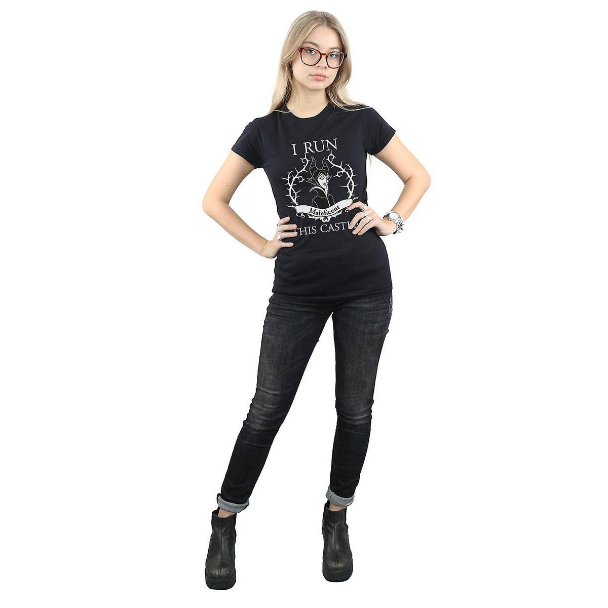 Black - Side - Maleficent Womens-Ladies I Run This Castle Cotton T-Shirt