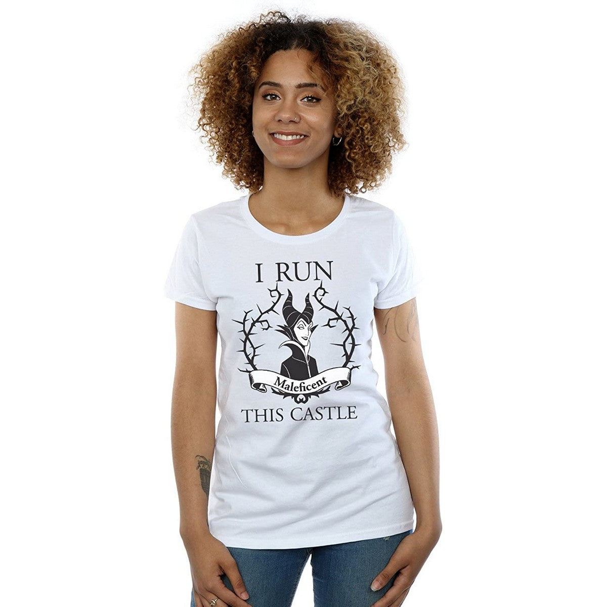 White - Back - Maleficent Womens-Ladies I Run This Castle Cotton T-Shirt