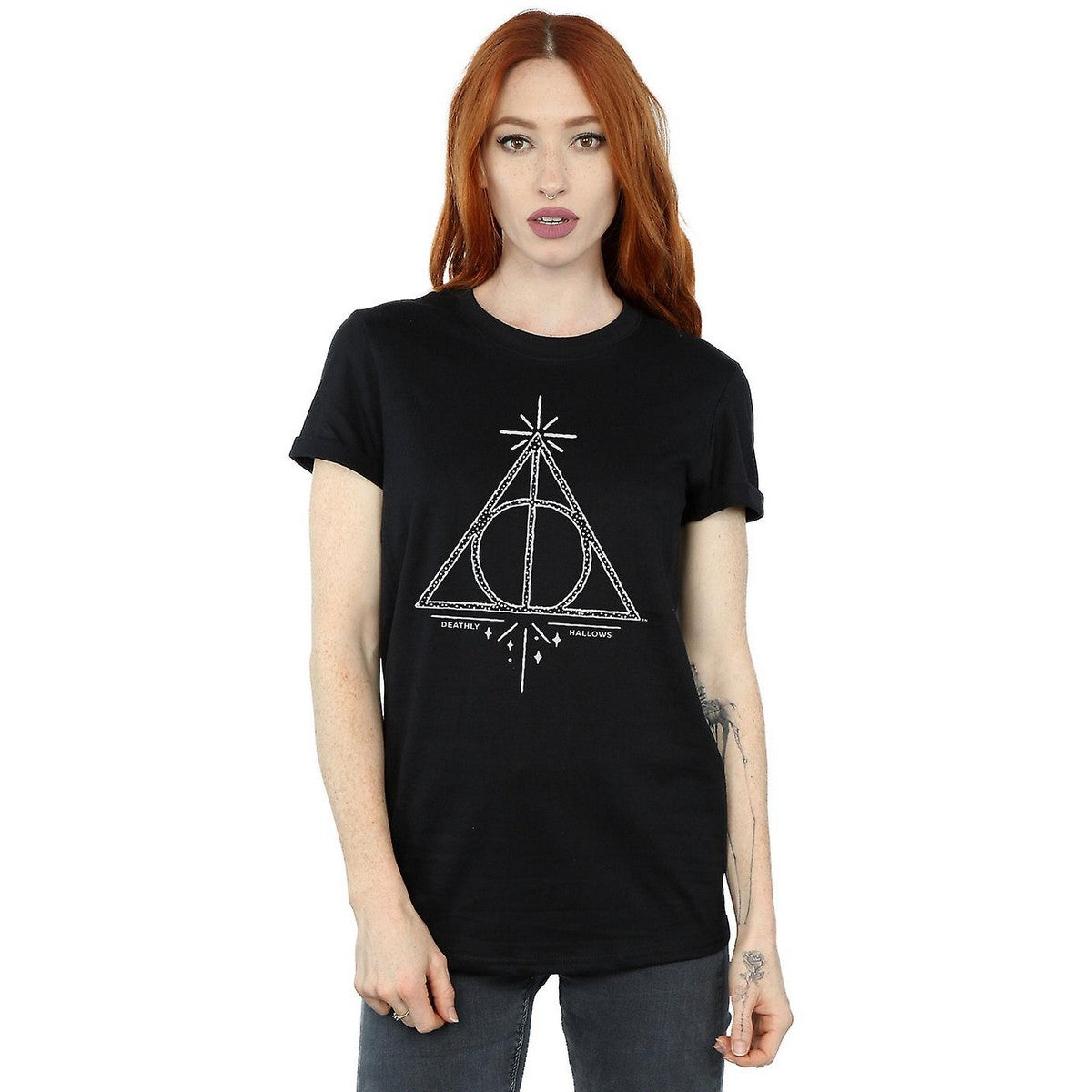 Black - Back - Harry Potter Womens-Ladies Deathly Hallows Cotton Boyfriend T-Shirt