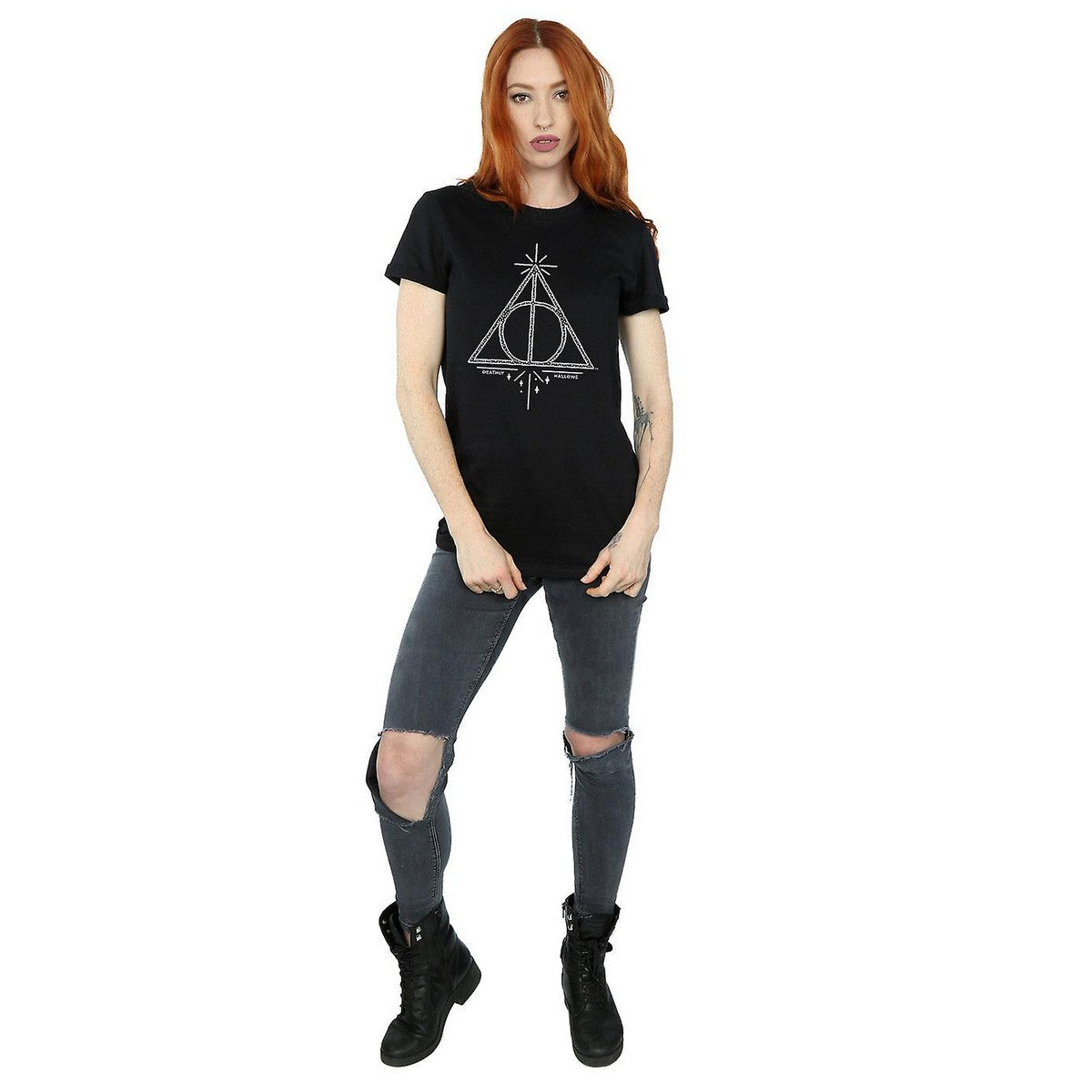 Black - Side - Harry Potter Womens-Ladies Deathly Hallows Cotton Boyfriend T-Shirt