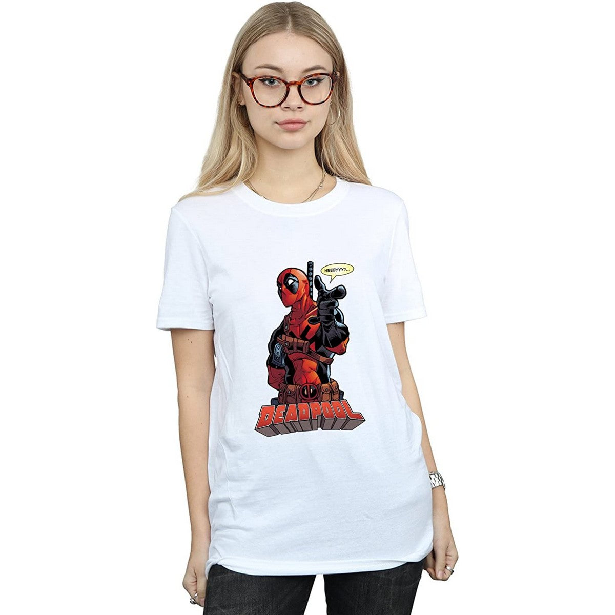 White - Back - Deadpool Womens-Ladies Hey You Cotton Boyfriend T-Shirt