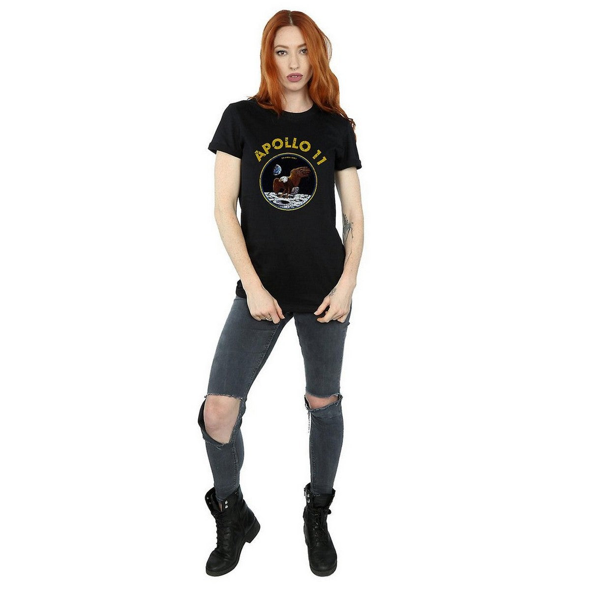 Black - Side - NASA Womens-Ladies Classic Apollo 11 Cotton Boyfriend T-Shirt