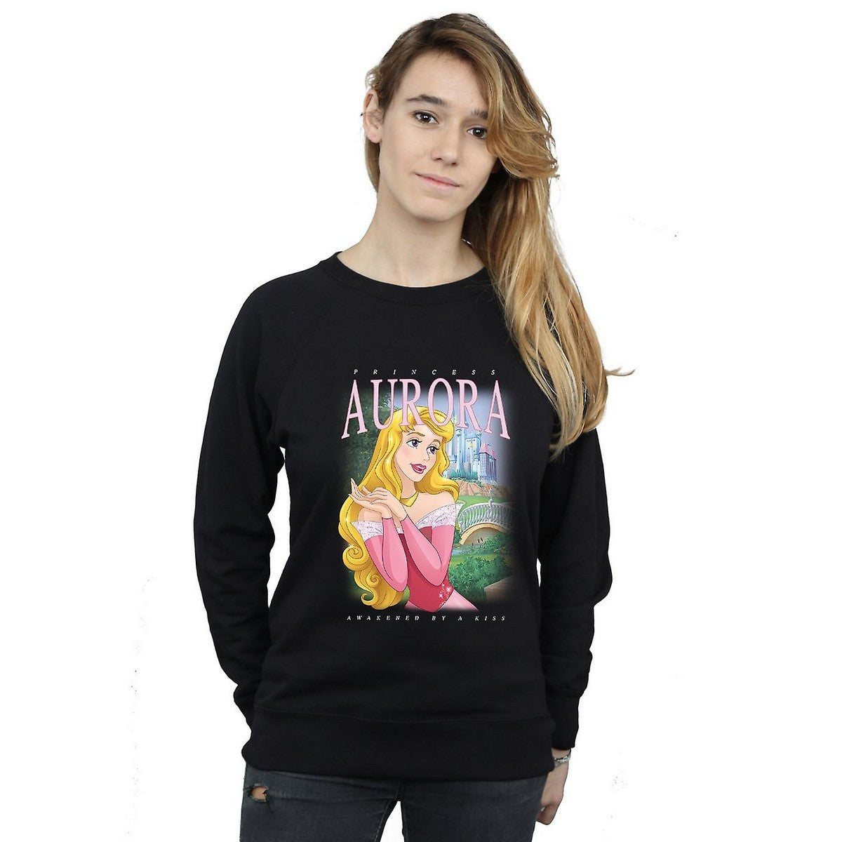Black - Back - Sleeping Beauty Womens-Ladies Aurora Montage Cotton Sweatshirt