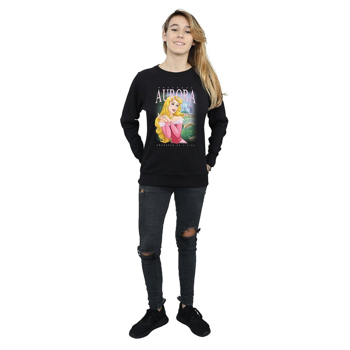 Black - Side - Sleeping Beauty Womens-Ladies Aurora Montage Cotton Sweatshirt