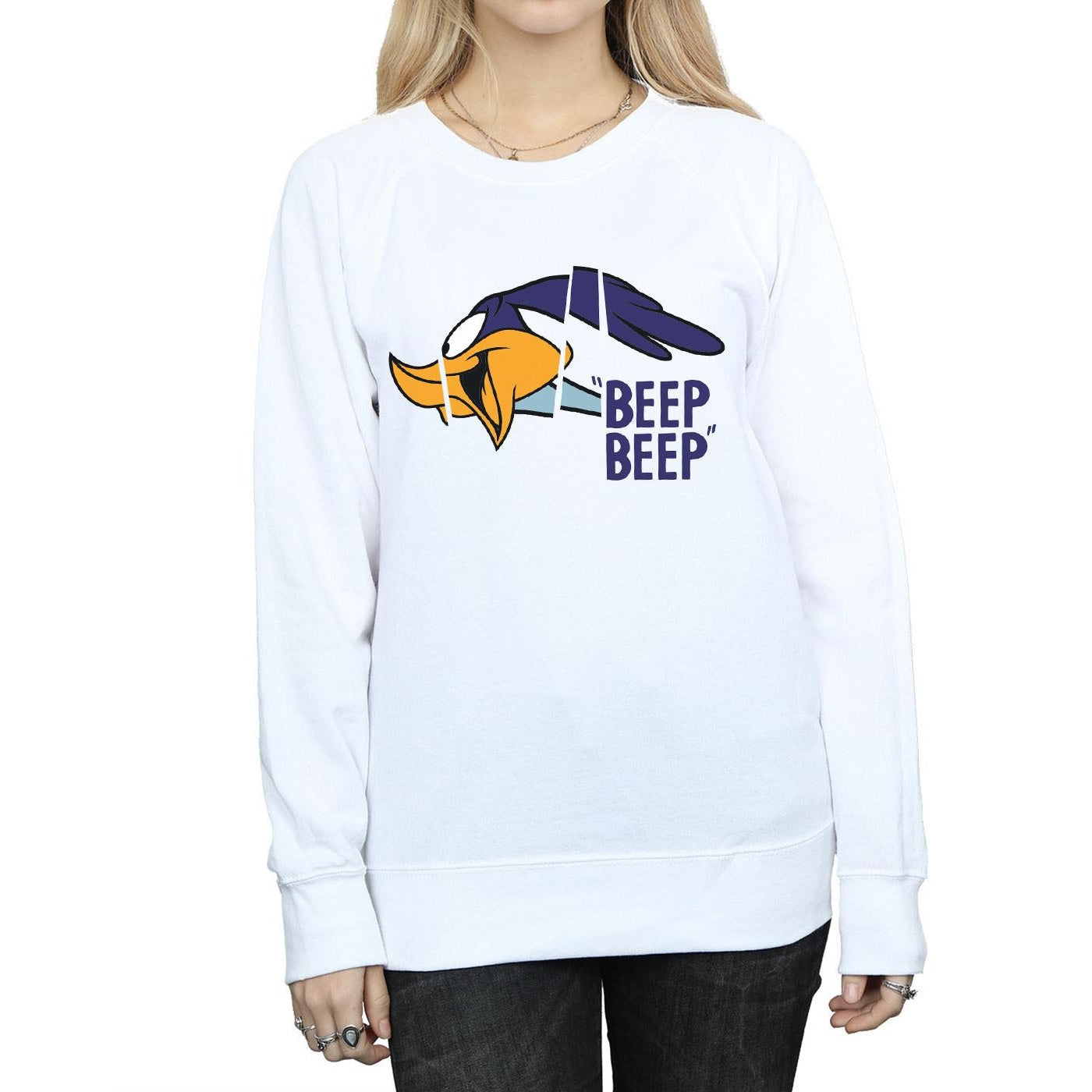 White - Side - Looney Tunes Womens-Ladies Beep Beep Road Runner Cotton Sweatshirt