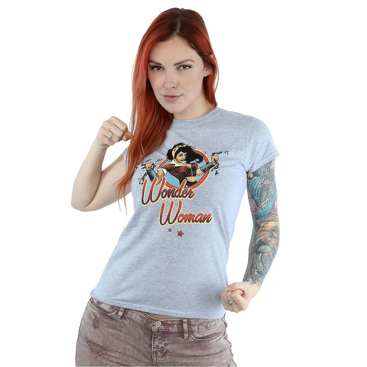 Heather Grey - Back - Wonder Woman Womens-Ladies Bombshells Badge Heather T-Shirt