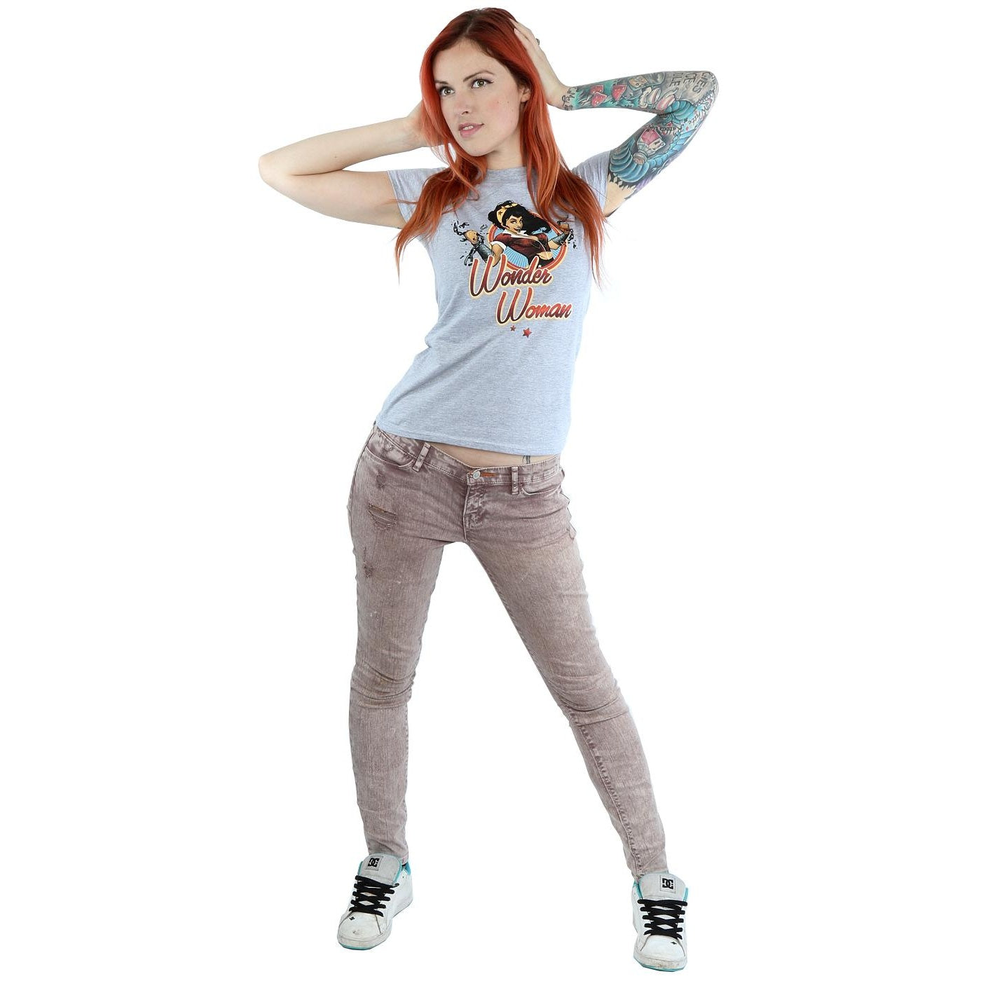 Heather Grey - Close up - Wonder Woman Womens-Ladies Bombshells Badge Heather T-Shirt