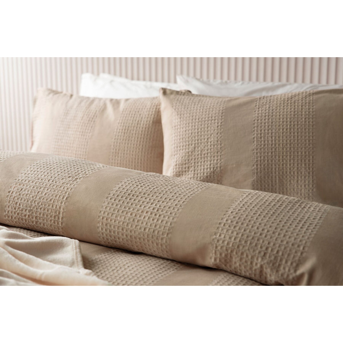 Latte - Back - Belledorm Waffle Stripe Cushion Cover