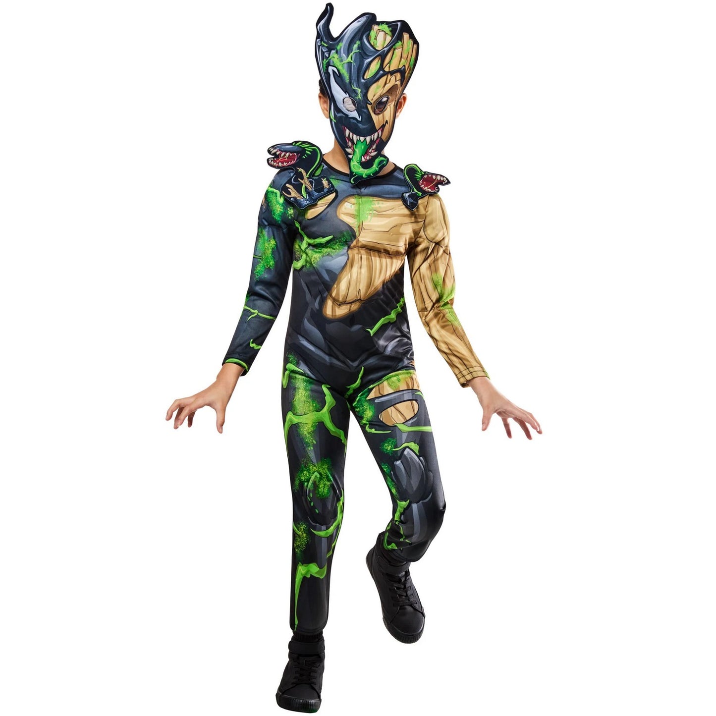 Green-Black-Brown - Close up - Marvel Childrens-Kids Venomised Groot Halloween Costume Suit