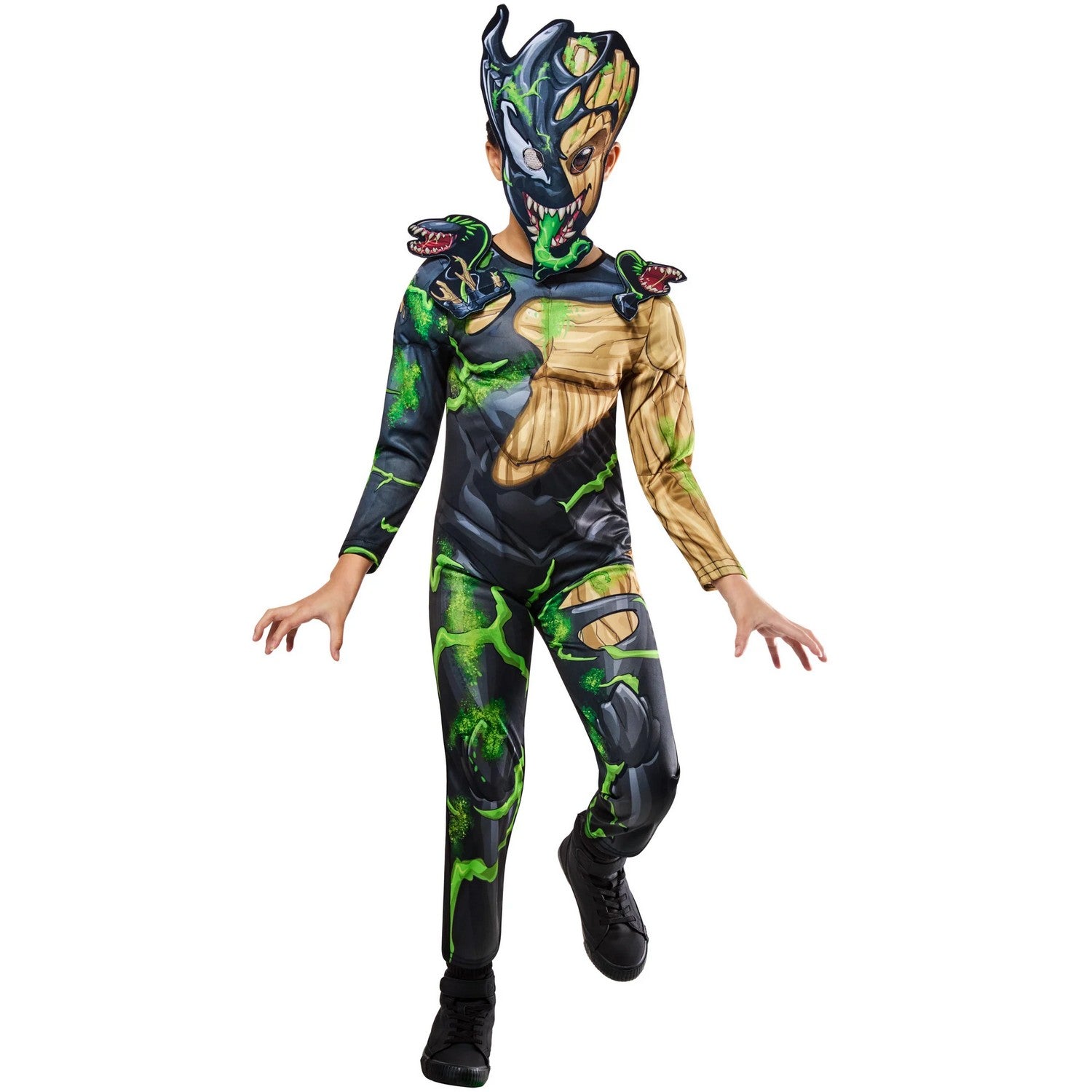 Green-Black-Brown - Close up - Marvel Childrens-Kids Venomised Groot Halloween Costume Suit